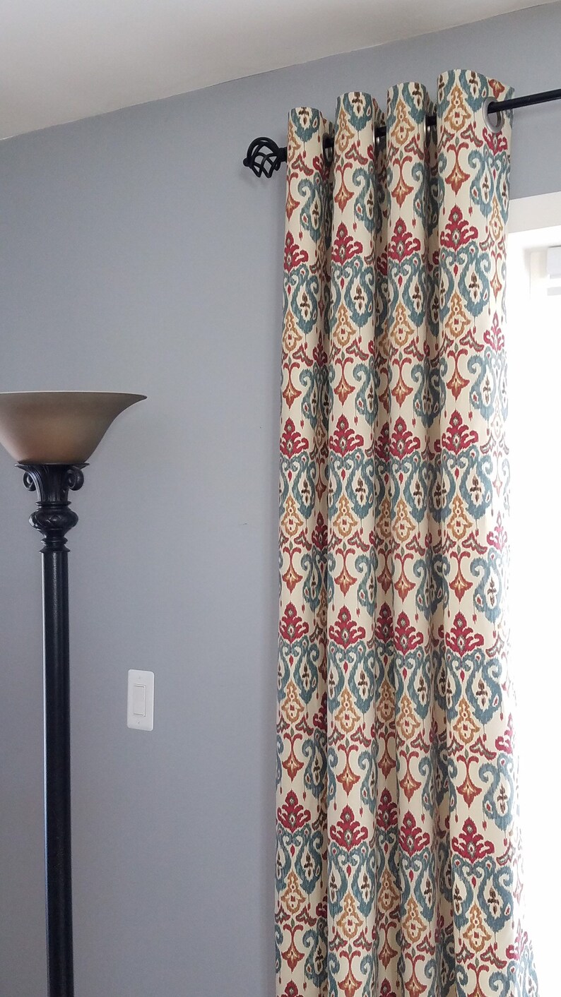 Grommet lined drapery curtain panels in blue and red. IKAT Etsy