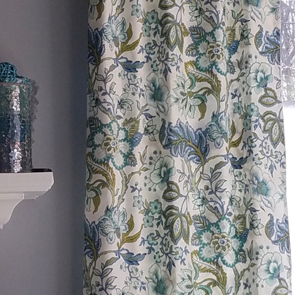 Pair of blue green drapery curtain panels.  Blue flower curtains, green flower curtains.Faux roman shades,lining, grommets on on request