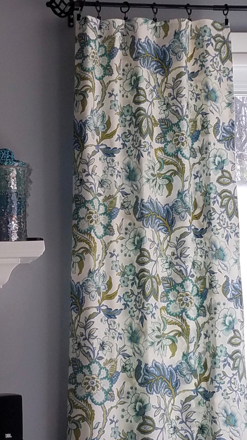 Pair of Blue Green Drapery Curtain Panels. Blue Flower Etsy
