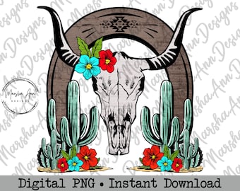 Teschio di mucca del deserto occidentale, ferro di cavallo, cactus, fiori, PNG con stampa a sublimazione occidentale, design DTF, design occidentale, versione anticata inclusa