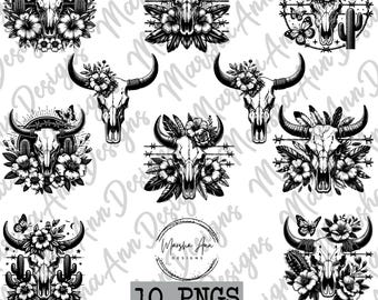 Western Wüstenkuhschädel-Bundle, Blumen-Western PNG, Western-Sublimations-Bundle Png, DTF-Design, Schmetterling Png, Western-T-Shirt-Design PNG,