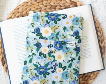 Blue Floral Blossom Rifle Paper Co Book Sleeve, Book Cover with Pocket, Gift for Reader