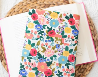 Pink Cream Blossom Floral Rifle Paper Co Book Sleeve with Pocket, Flowers with Metallic Book Sleeve, Reading Accessory Gift