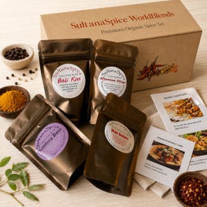 Set de regalo de especias globales: mezclas de especias orgánicas y kit de condimentos internacionales. Caja de regalo para amantes de la gastronomía, set de cocina para hombres y mujeres.