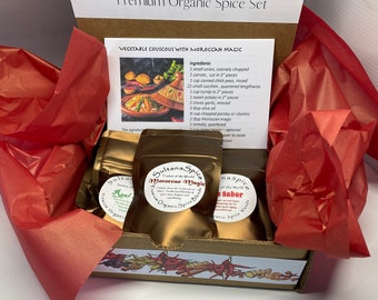 Organic International Spice blends & Seasoning mixes, in a gift set. The flavours of Morocco, India, Bali, Thailand and Mexico,with recipes.