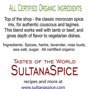 May include: A white product label for Ras el Hanout Premium Spice Blend. Text includes: All Certified Organic Ingredients, ingredients list, Tastes of the World SultanaSpice, website URLs, a USDA Organic logo, and location details for Victoria, B.C.