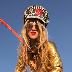 Burning Man Custom Mirrored Sequin Military Festival Rave Hat, Officer Hat, Captain Hat, Coachella , Silver Black Red, Personalised, bespoke