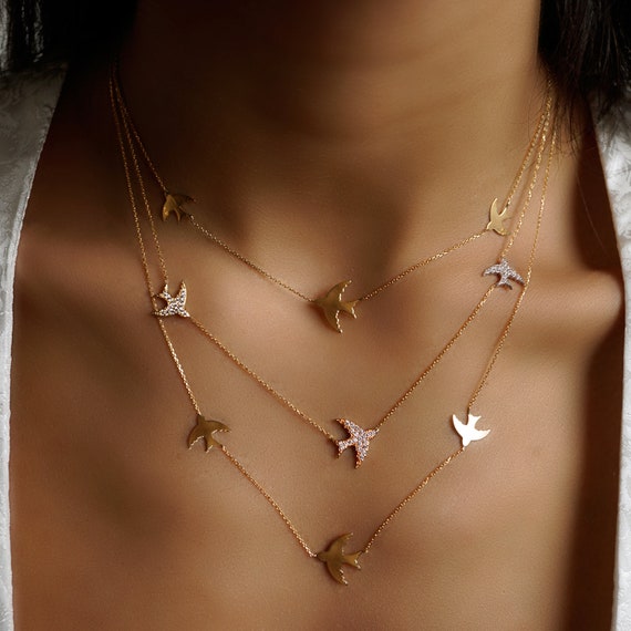 Fly Me to the Moon Pave Diamond Dove Swallow Necklace 14kt Yellow