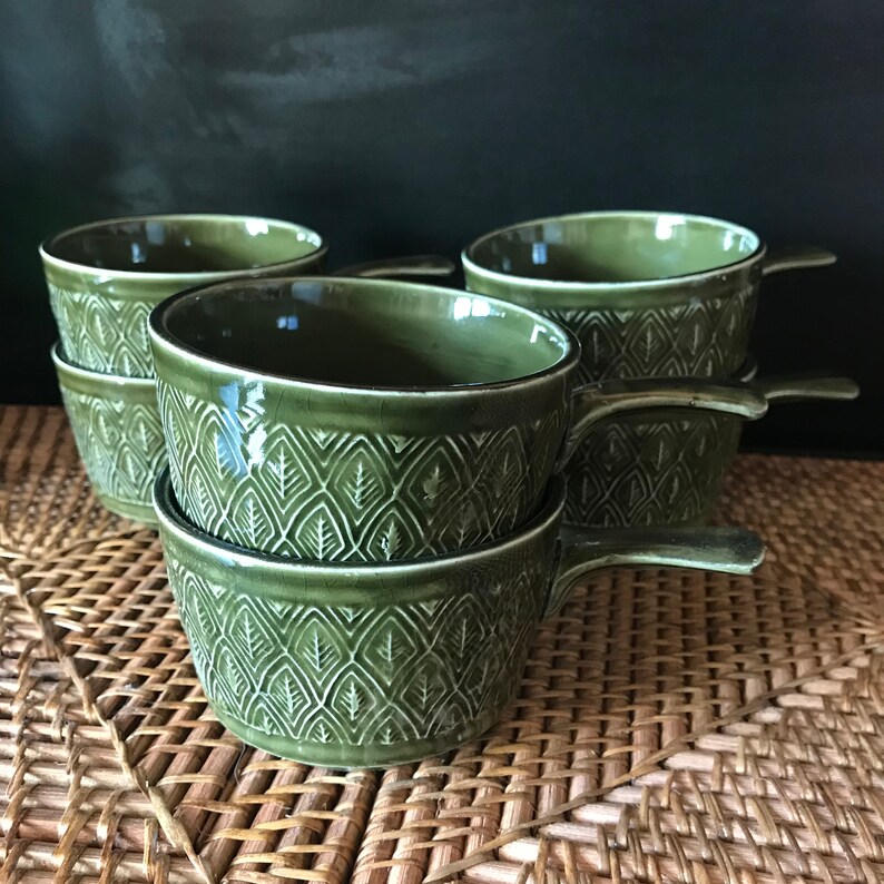 Set of Six Retro 70s Vintage Green Soup Bowls With Handle Etsy