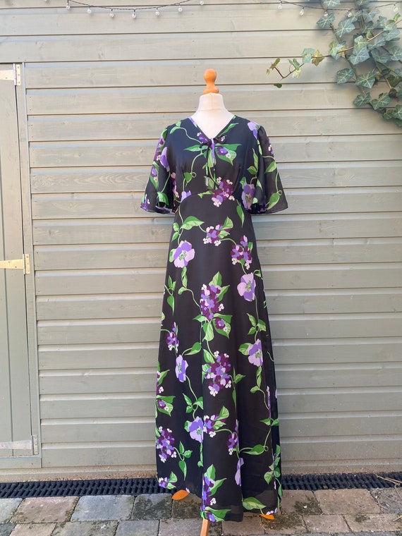 HERVintageShop Vintage 70s Black \u0026 Purple Floral Maxi Dress. Floaty Sleeves. UK Size 10.