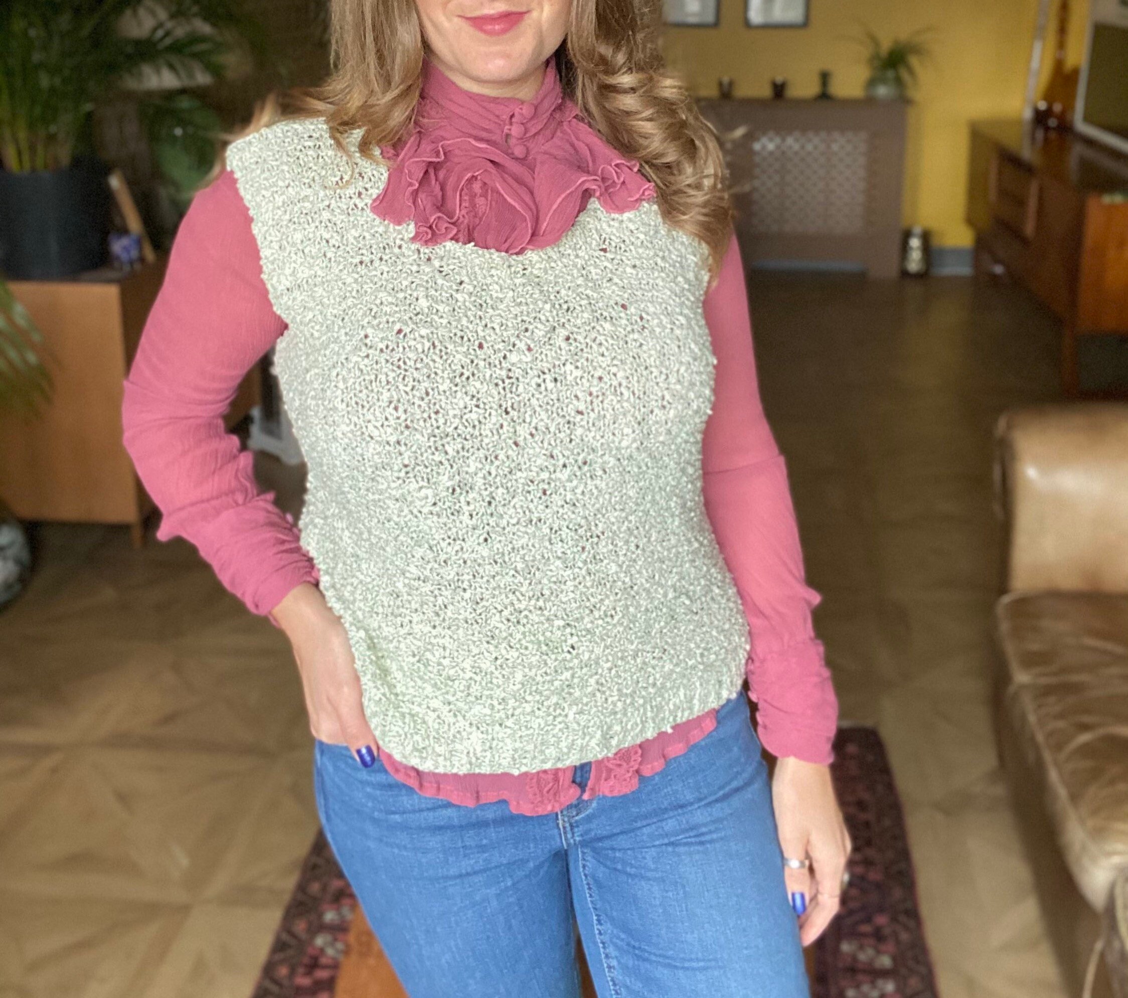 Image of Vintage Hand Knitted/Crochet Sleeveless Jumper. Fresh Green & White Soft Bobbly Knit Tank Top Vest. Best Fit Size -. Unisex. Plus Size