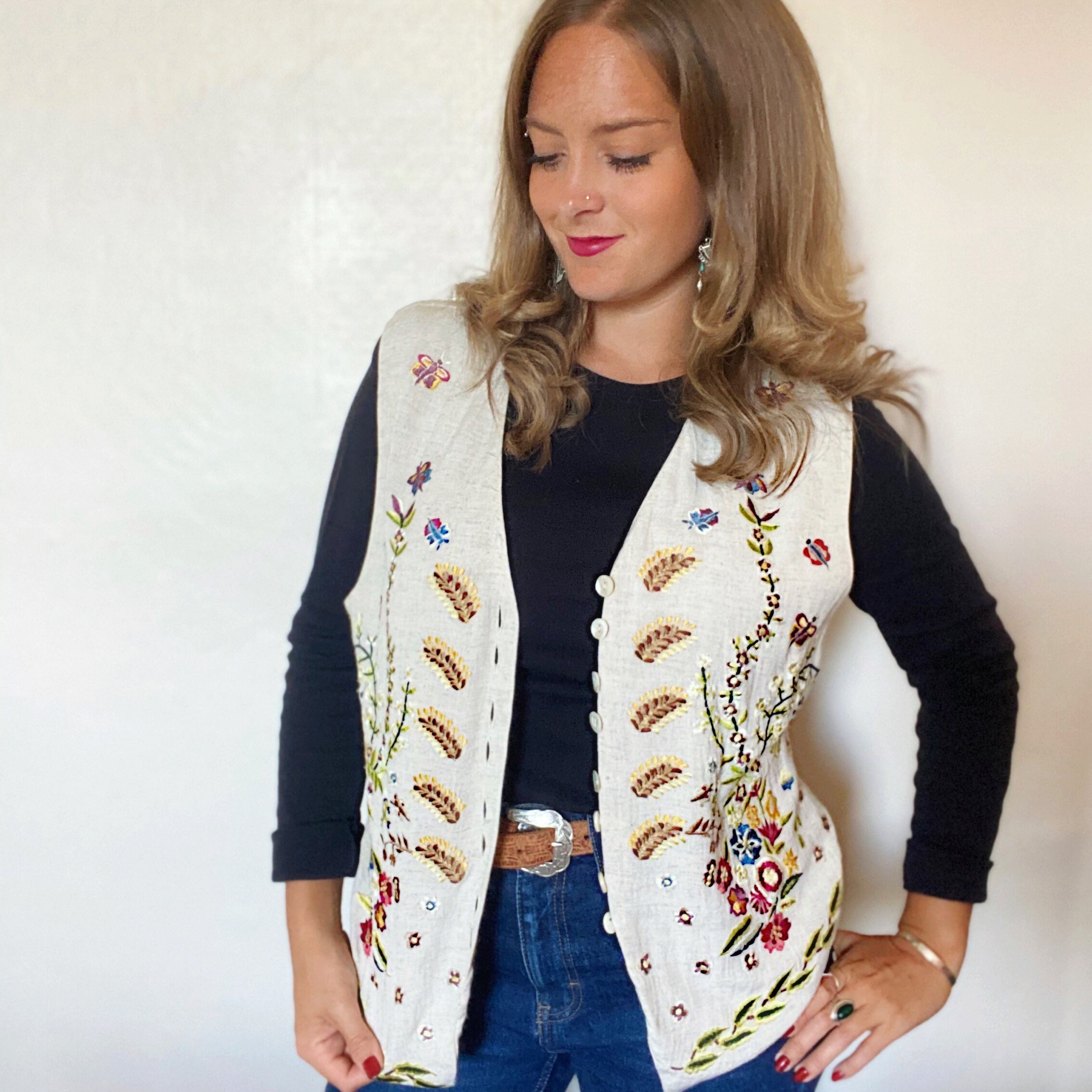 Image of Floral Vintage Waist Jacket. Boho Cotton Linen Rayon Vest. Embroidered Coat. Size -. Festival Hippie