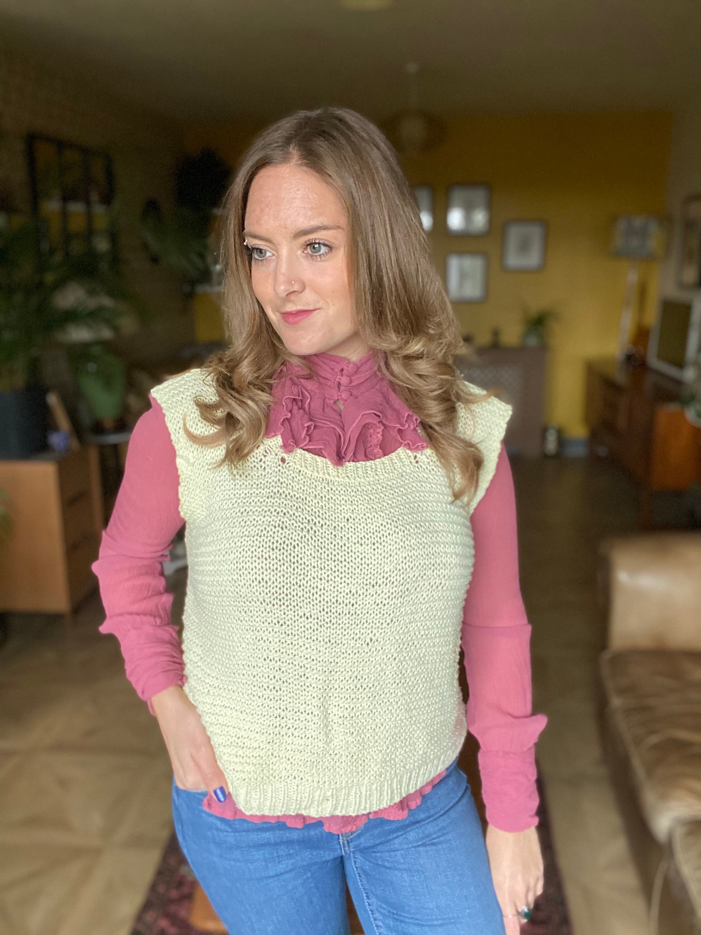 Image of Vintage Hand Knitted/Crochet Sleeveless Jumper. Pastel Lemon Yellow Knit Tank Top Vest. Best Fit Size - Unisex