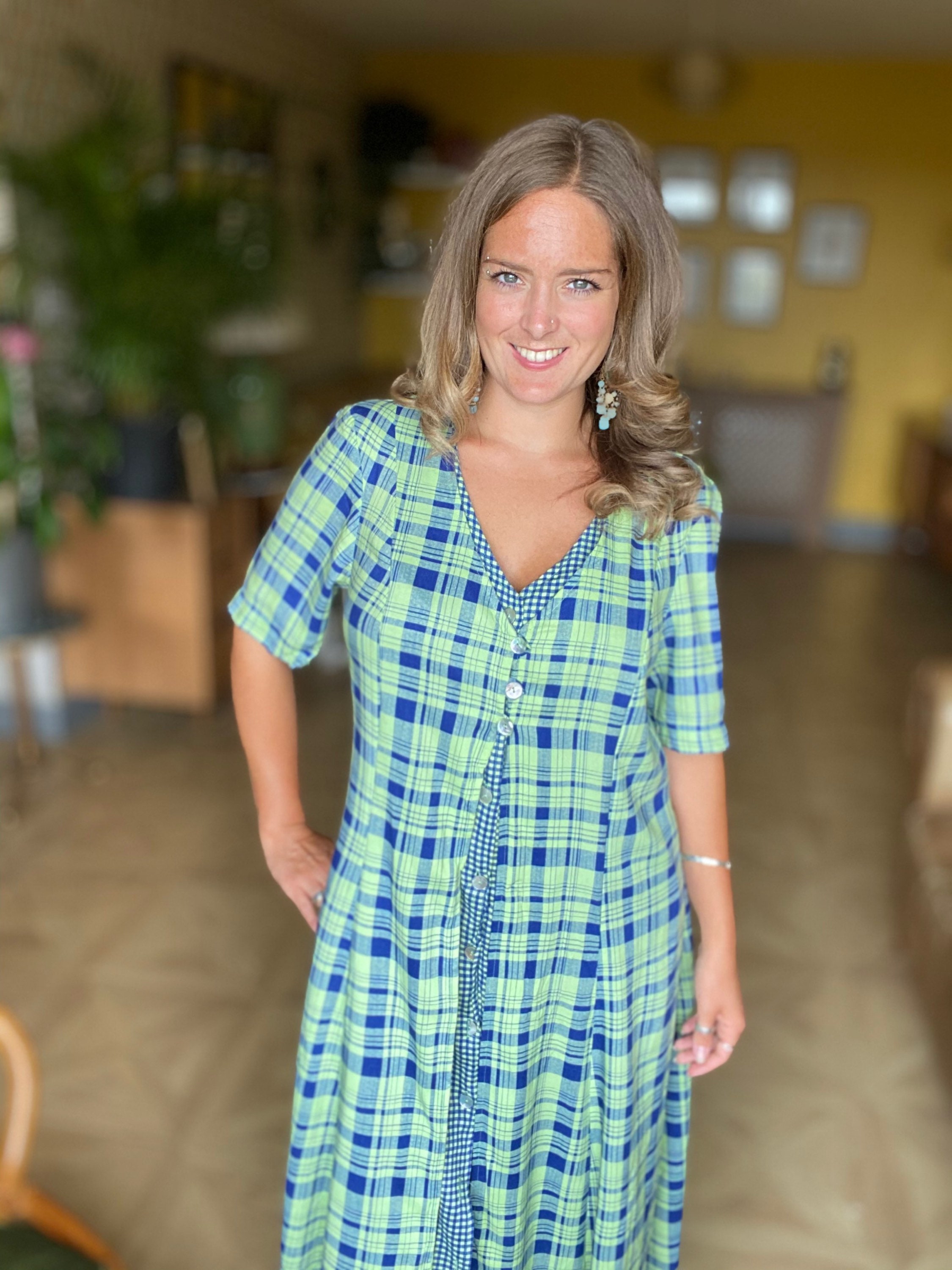 Image of Green & Blue Check S S Day Dress. Midi Maxi Summer Short Sleeved Size