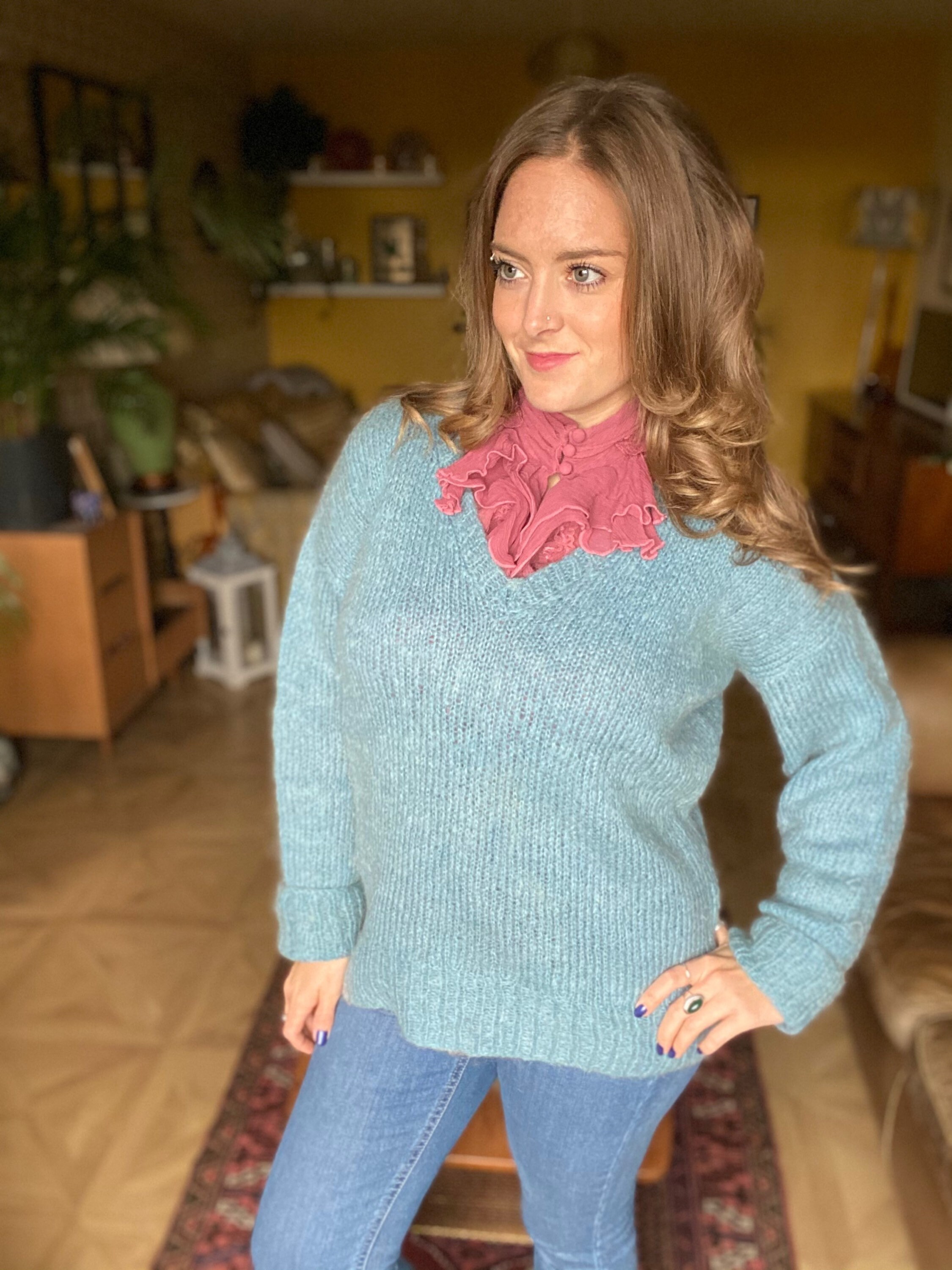 Image of Vintage Blue Knit V Neck Jumper. Soft Snuggly Pullover. Size -. Free