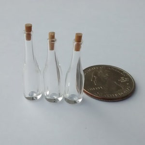 Dollhouse Micro Glass Wine Bottles with Corks (3pc, TEENIES - CLEAR Only) 1:12 Scale, Miniatures Approx 1 1/8″ - 1 1/4" – 7mm Teeny Tinies