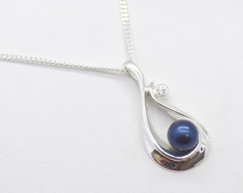 Blue Pearl Pendant Necklace, Blue Pearl Necklace, Pearl Anniversary Necklace, Blue Pearl Pendant, Silver Blue Pearl Necklace