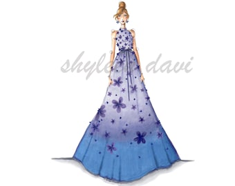 Fashion Illustration Sketch Art print "Full Bloom"