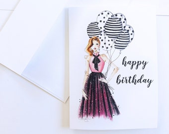 Here For The Party Fashion Illustration Birthday Card