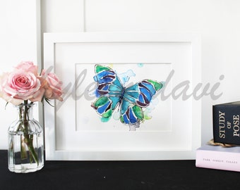 Watercolor Art Illustrated Print "Emerald Butterfly Beauty"