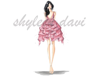 May include: A woman with long black hair wearing a pink ruffled dress with sequins. The dress has a deep V-neckline and is fitted at the waist. The woman is standing on a gray background.