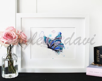Watercolor Illustration Art Print "Sapphire Butterfly Beauty"