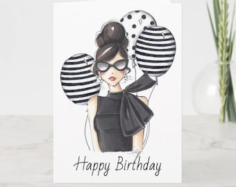 Happy Birthday Card  Fashion Illustrated Card "Happy Birthday Darling"
