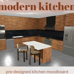 Diseño de cocina moderna de nogal // Tablero de inspiración para diseño de interiores // Decoración de cocinas // Decoración del hogar // Servicios de diseño de interiores // Tablero de inspiración