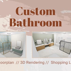 May include: A 3D rendering of a custom bathroom design with two different views. The first view shows a floor plan with a shower, toilet, and sink. The second view shows a 3D rendering of the bathroom with a double vanity, mirrors, and a shower.
