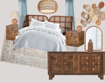 May include: A bedroom with a wooden bed frame, a striped comforter, and a woven rug. There are two wooden nightstands with lamps and a large wooden dresser with three drawers. The walls are white and there is a woven light fixture hanging from the ceiling.