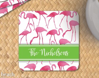 Watercolor Flamingos Paper Coasters - Personalized Disposable Drink Coaster - Custom Printed Party / Wedding Decor - Hostess / New Home Gift