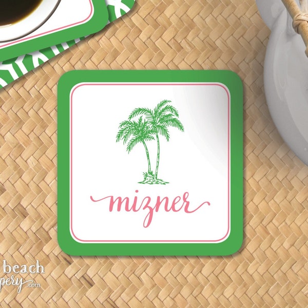 Preppy Palms Paper Coasters - Personalized Disposable Drink Coasters with Palm Tree - Custom Printed Party or Wedding Decor - Hostess Gift