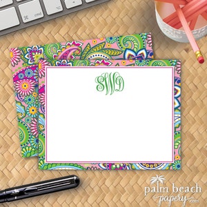 Hibiscus Paisley Flat Notecards - Paisley Personalized Stationery - Monogrammed Correspondence Card - Custom Boho Stationary Set