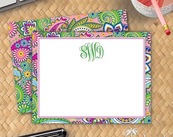 Tarjetas planas Hibiscus Paisley - Papelería personalizada Paisley - Tarjeta de correspondencia monograma - Conjunto estacionario Boho personalizado