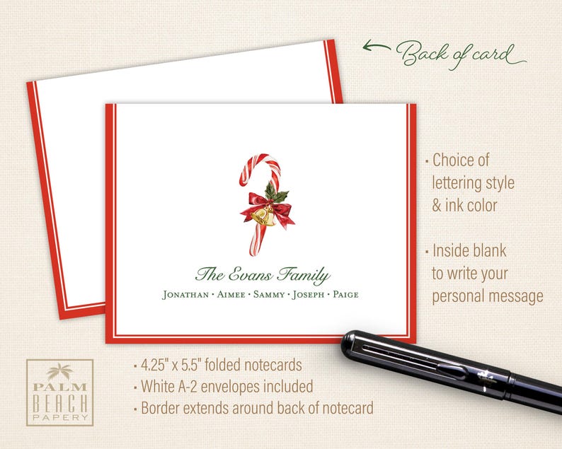 Candy Cane Folded Notecards - Personalized Christmas Note Cards for ...
