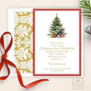 May include: A white Christmas Eve invitation with a red border. The invitation features a watercolor illustration of a Christmas tree with presents underneath. The text reads "Please join us for our annual Christmas Eve Celebration, Tuesday, December 24th, 4:00-8:00 pm, 125 Seabreeze Lane, Palm Beach, The Andersons, Regrets only before December 20th (560) 655-9282".