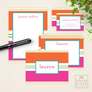 May include: Set of four stationery note cards with a colorful striped design. The cards feature the name "lauren" and "lauren sellers" in a white font. The cards are perfect for writing notes, thank yous, or invitations.
