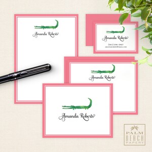 Preppy Alligator Stationery Bundle - Pink and Green Notepad, Flat Note Cards, Folded Notes, Calling Cards & Optional Labels
