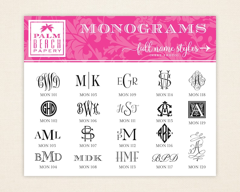 K&ouml;nnte beinhalten: Eine rosa und wei&szlig;e Grafik mit dem Text "PALM BEACH PAPERY" und "MONOGRAMS full name styles &rarr; (NEXT PHOTO)". Die Grafik zeigt 12 verschiedene Monogrammstile mit den Nummern 101 bis 120.