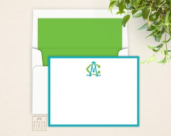 Versailles Flat Notecards -  Monogrammed Correspondence Card Stationery with 2 Interlocking Initials - Optional Lined Envelopes