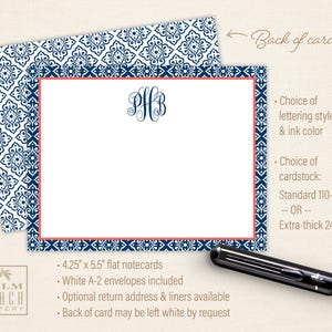 May include: Blue and white patterned notecards with a monogram in the center. The notecards are 4.25 inches by 5.5 inches and come with white A-2 envelopes. Optional return address and liners are available. The back of the card may be left white by request.