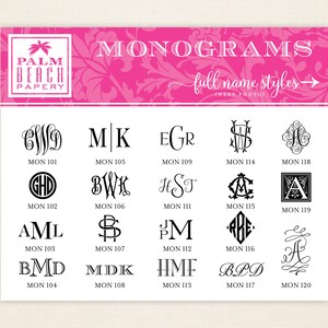 Puede incluir: Un gr&aacute;fico rosa y blanco con el texto "PALM BEACH PAPERY" y "MONOGRAMS full name styles &rarr; (NEXT PHOTO)". El gr&aacute;fico muestra 12 estilos de monogramas diferentes con los n&uacute;meros 101 a 120.