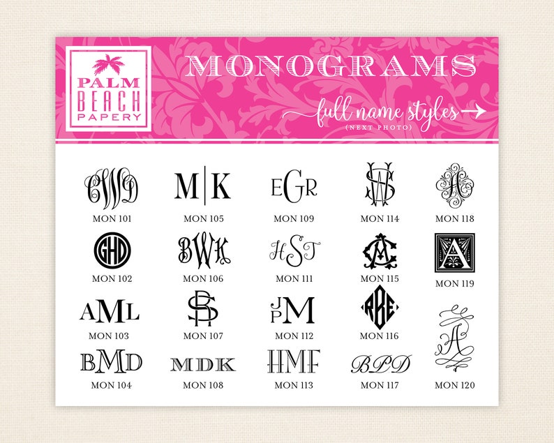 Puede incluir: Un gr&aacute;fico rosa y blanco con el texto "PALM BEACH PAPERY" y "MONOGRAMS full name styles &rarr; (NEXT PHOTO)". El gr&aacute;fico muestra 12 estilos de monogramas diferentes con los n&uacute;meros 101 a 120.