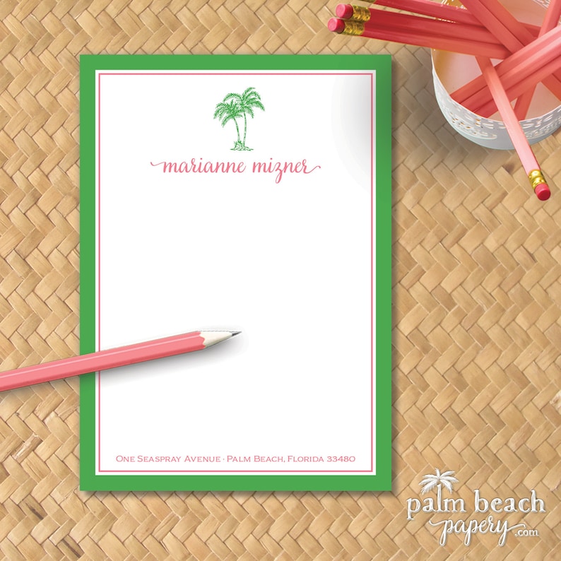 Preppy Palms Notepad 50 or 100 5x7 Sheets Personalized Palm Tree Note Pad Custom Printed Coastal Memo Pad Monogrammed Stationery