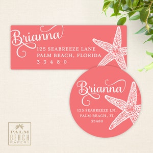 May include: Two pink and white address labels with a starfish design and the name Brianna. The address label on the left is rectangular and the address label on the right is round. The text on the labels reads: Brianna, 125 Seabreeze Lane, Palm Beach, Florida, 33480.
