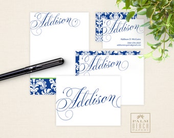 Addison Damask Personalized Stationery Bundle - Matching Flat and Folded Notecards, Notepad & Calling Cards