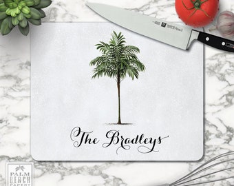 Vintage Palm Personalized Glass Cutting Board - Monogrammed Palm Tree Kitchen Decor - Wedding or New Home Gift - Rectangular or Round