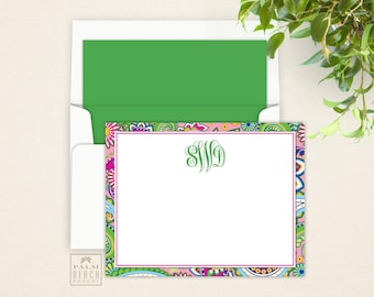 Hibiscus Paisley Flat Notecards - Monogrammed Paisley Correspondence Card Stationery Set