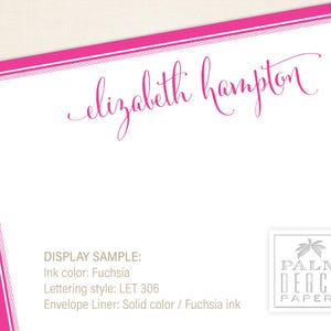 May include: A pink stationery card with a white border and a handwritten name "elizabeth hampton" in cursive script. The card includes a display sample with details about the ink color, lettering style, and envelope liner. The bottom right corner features a logo for "Palm Beach Papery" with a palm tree graphic.
