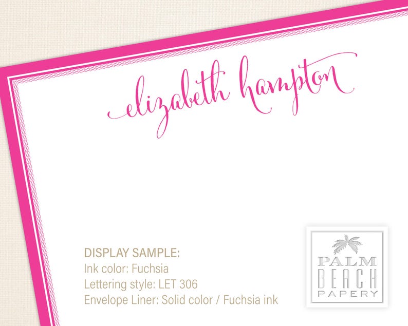 May include: A pink stationery card with a white border and a handwritten name "elizabeth hampton" in cursive script. The card includes a display sample with details about the ink color, lettering style, and envelope liner. The bottom right corner features a logo for "Palm Beach Papery" with a palm tree graphic.